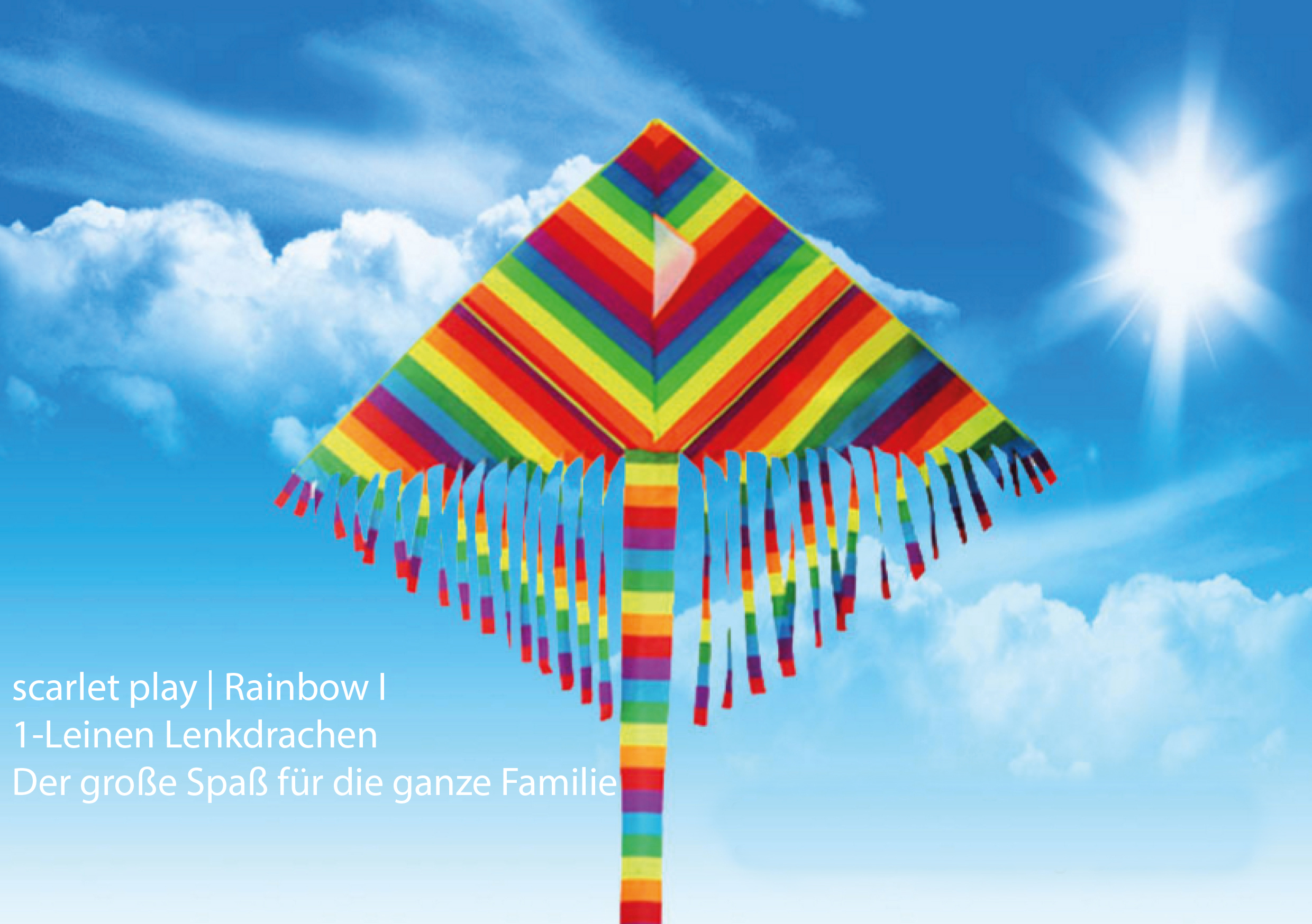 9900959900a.jpg Einleiner Lenkdrachen »Rainbow I« mit Leine für 30 m Abstand; Größe: ca. 60 x 120 cm; Flugdrachen in Regenbogenfarben mit Streifenschwanz und Troddeln von scarlet play – Bild 1